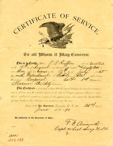 Déclare que Ruffin a été libéré avec le détachement le 12 juillet 1865, de la compagnie F de la 1ère artillerie légère du Missouri tout en détenant le grade de caporal - F. C. Amsworth